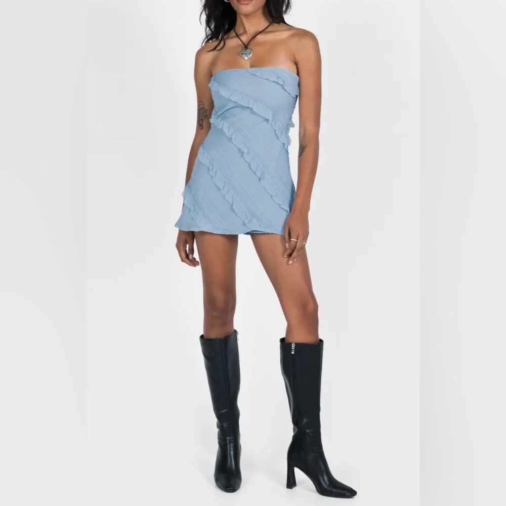 PRINCESS POLLY Lars strapless RUFFLES mini dress blue 10 - Picture 2 of 9